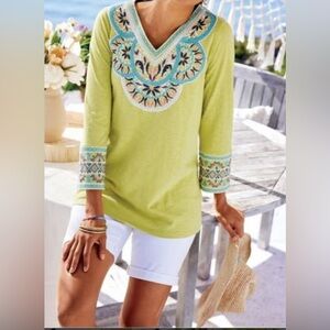 SOFT SURROUNDINGS Sunrise Embroidered Tunic Lime Green Size Medium